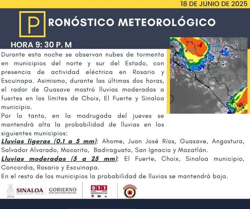 Pronóstico meteorológico: Durante esta noche y madrugada del jueves se mantendrá alta la probabilidad de lluvias en municipios d...