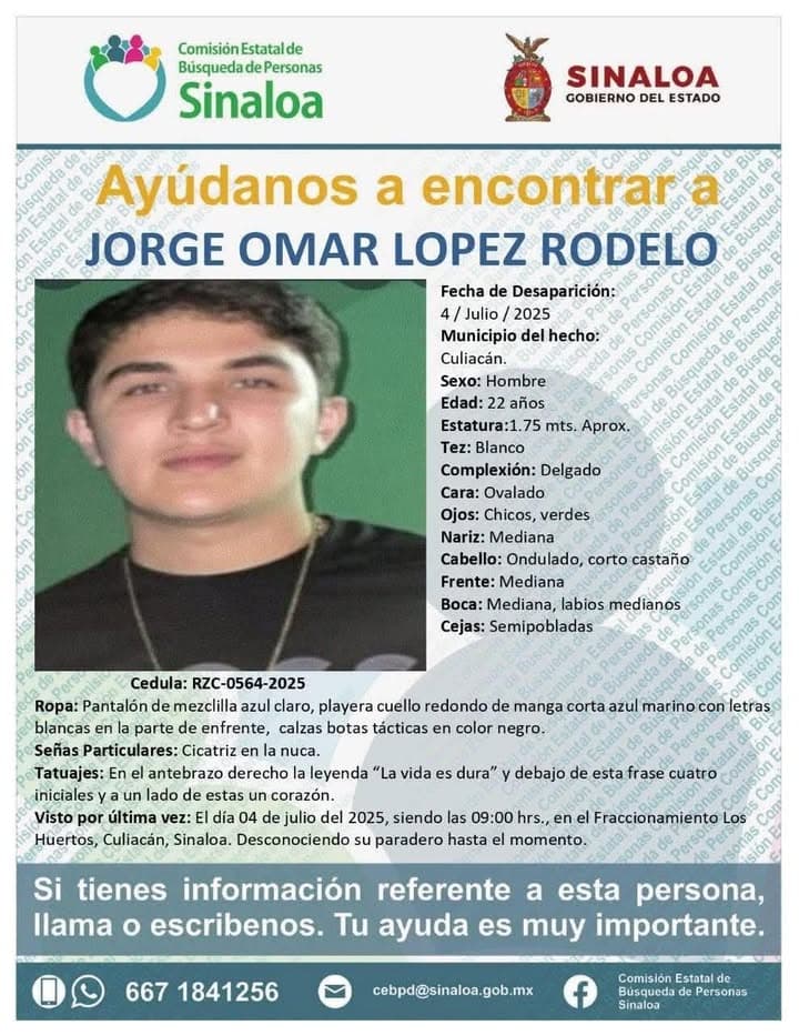 Solicitan colaboración para localizar a Jorge Omar, quien fue privado de su libertad en el sector norte de #Culiacán ￼#Compartir...