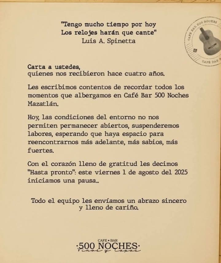 Cierra sus puertas el Restaurant 500 Noches en Mazatlán, ante clima de inseguridad
