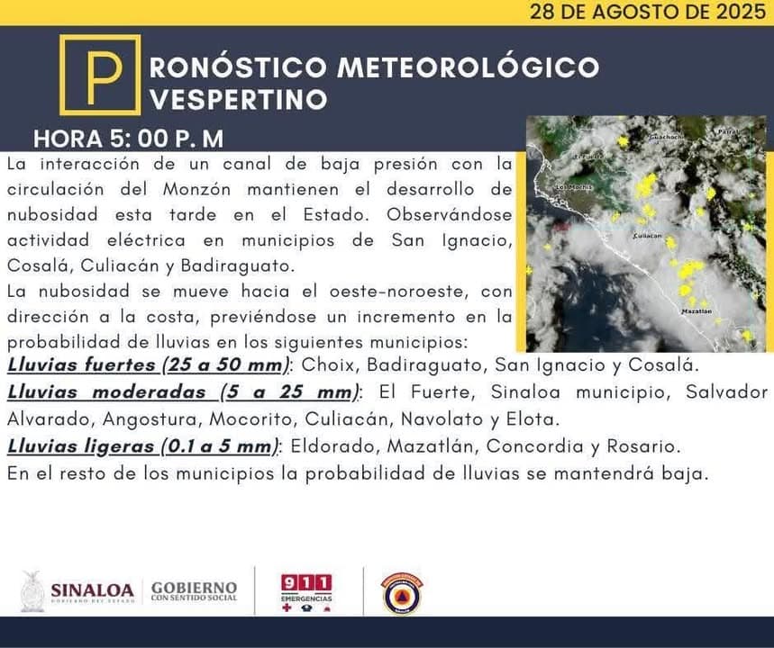 Probabilidad de lluvias sigue activa durante la tarde-noche de este jueves para Mazatlán*
